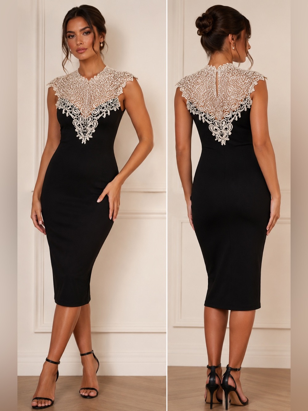 AX Paris NWT Black Lace Bodycon Midi Dress Nude Crochet Neck Cocktail Size Small